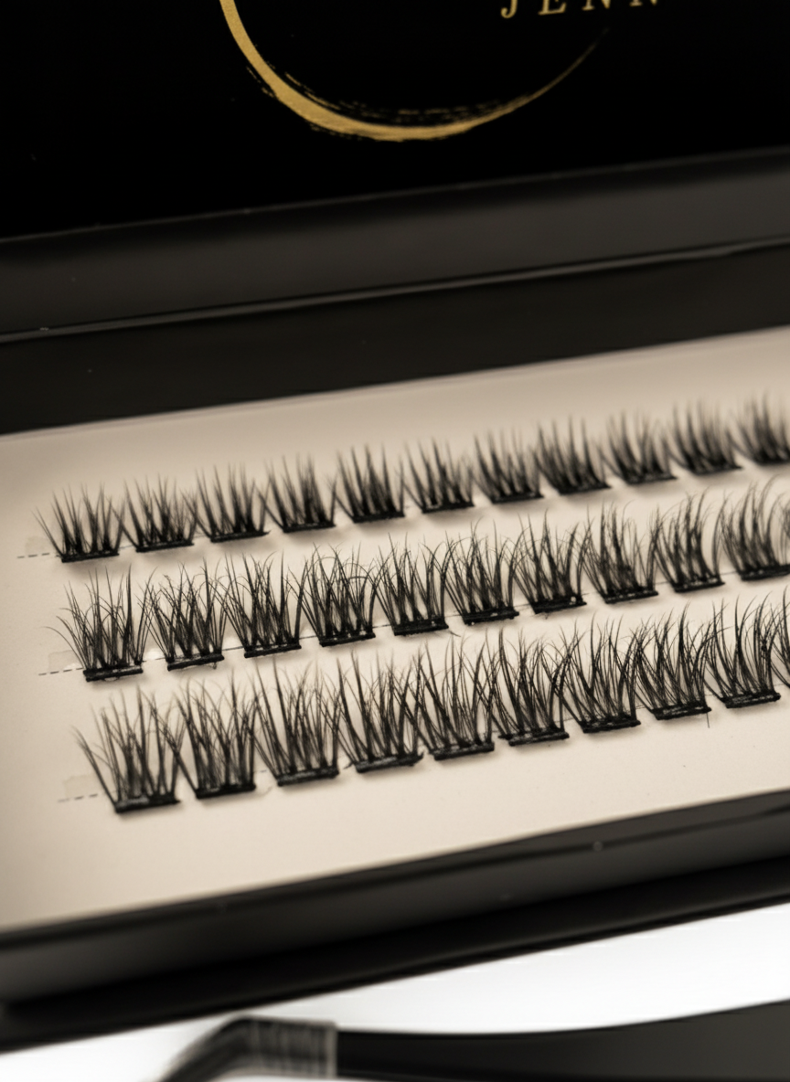 Close-up van zachte, C-krul faux mink wimperclusters voor een natuurlijke look.