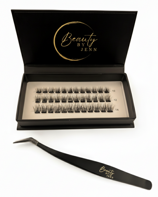 Geopende Insta Glam kit met 36 high-volume wimperclusters in 10, 12 en 14mm, met applicator.